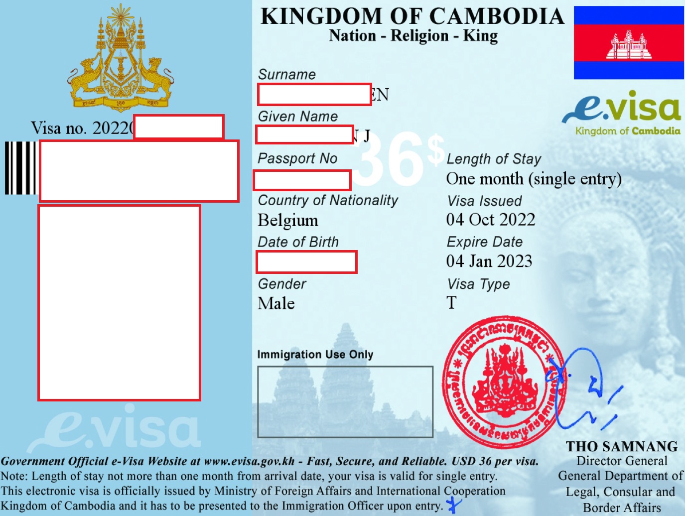 A photo of a Cambodian E-visa sticker on a tourist passport. The visa is valid for a single entry and 30 days of stay. 